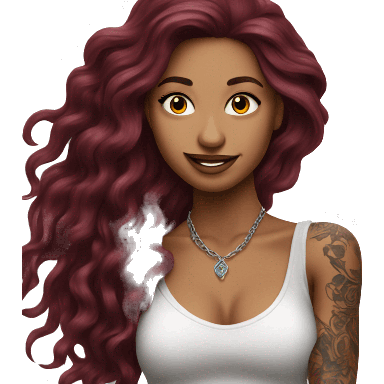 Beautiful tattooed burgundy long haired woman dancing emoji