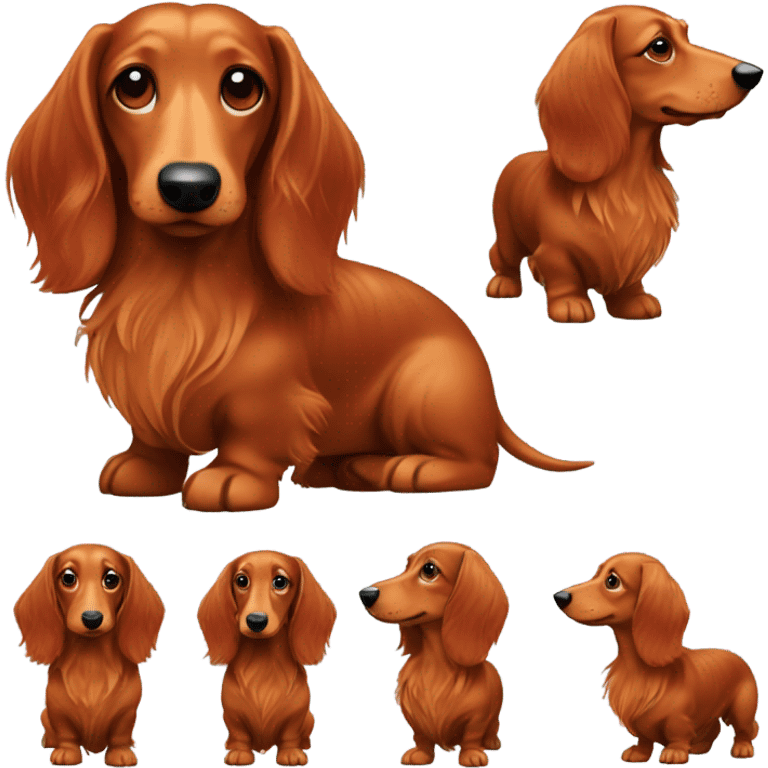 A long-haired marble dachshund stands red-haired emoji