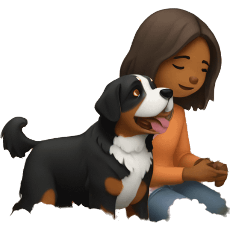 girl with brown bob picking flowers on a flower field. On her side is a bernese mountain dog. emoji