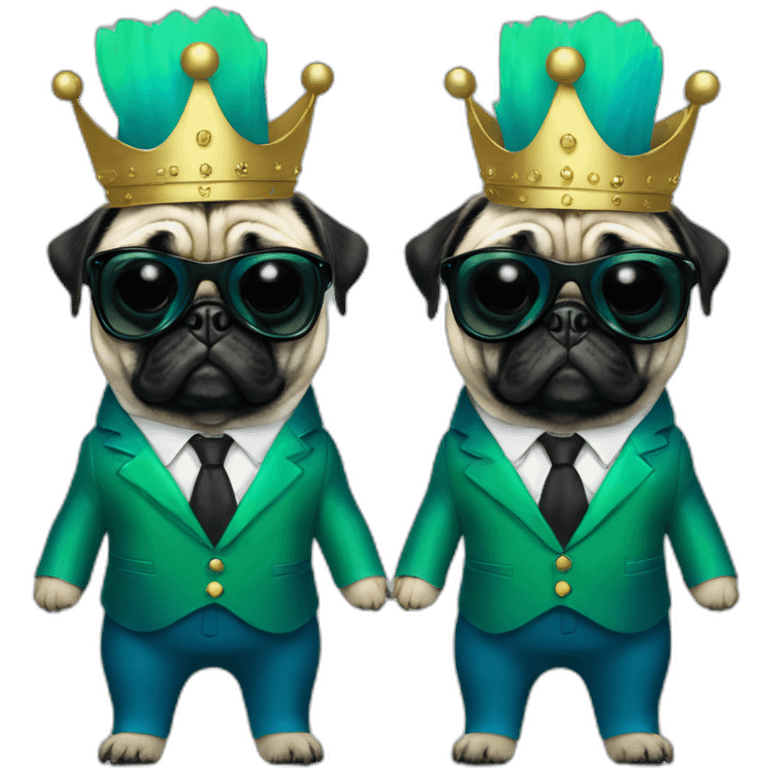 dog pug-in-gradient-green-blue-suit-with-and-black-sunglasses-standing-with-black-shoes with crown emoji