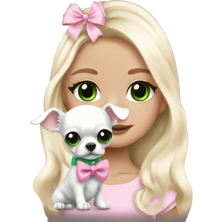 pale blonde girl with long platinum white wavy hair with bright green eyes and wearing a light pink hair bow holding a black and white long haired chihuahua puppy also wearing a hair bow emoji