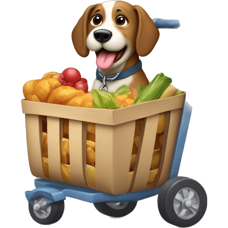 Perro en carrito de compras con bolsas de alimento balanceado emoji