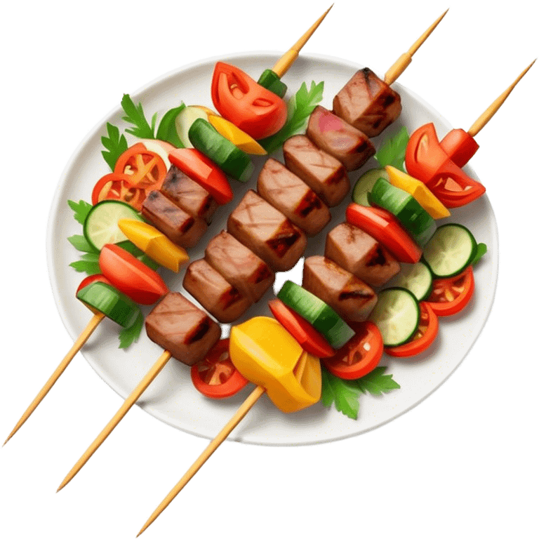 Cinematic Realistic Shish Kebab Dish Emoji, showcasing skewered, grilled meat with vibrant vegetables rendered with dynamic textures and warm, inviting lighting. emoji