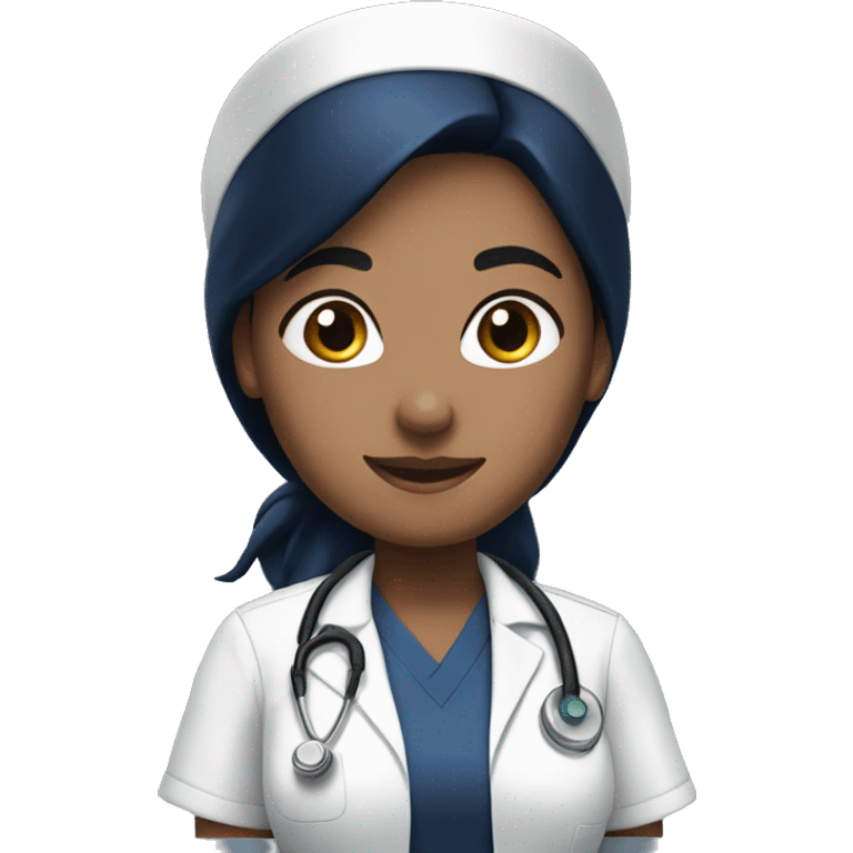 Female Nurse in navy blue scrubs with black hair and cap emoji