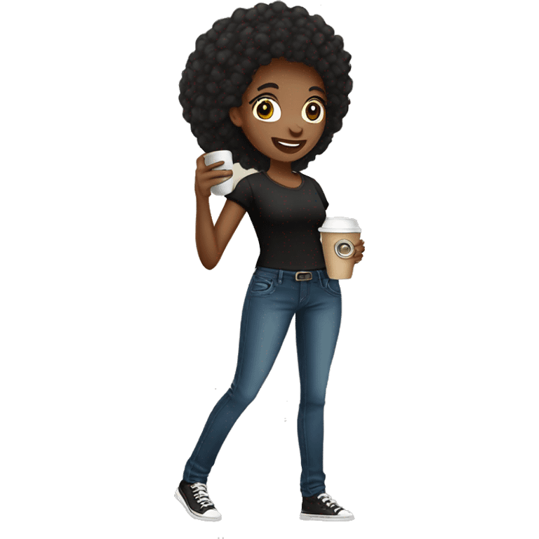 African American female talking on cellphone and holding a coffee wearing black shirt and jeans full length chibi emoji