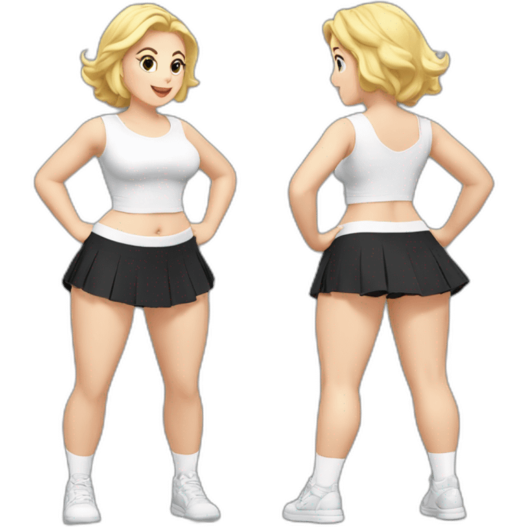 alistic-full-body-caucasian-curvy-beauty-jumping-short-black-skirt-back-and-front-views-strong-wind-white knickers-long-white-socks emoji