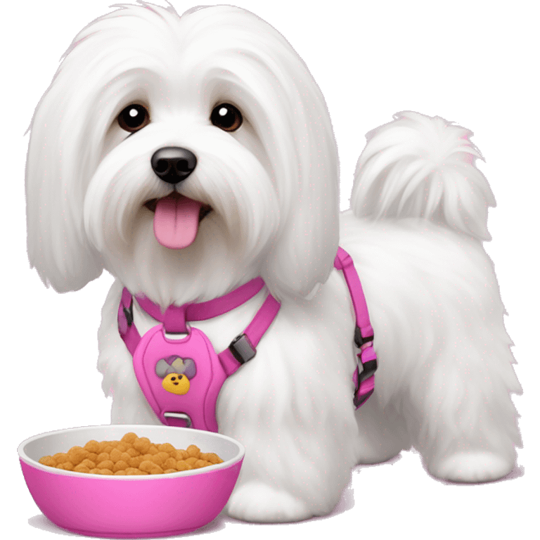 Long haired Coton de Tulear dog with pink harness and pink hair clip, pink dog bowl with kibbles emoji