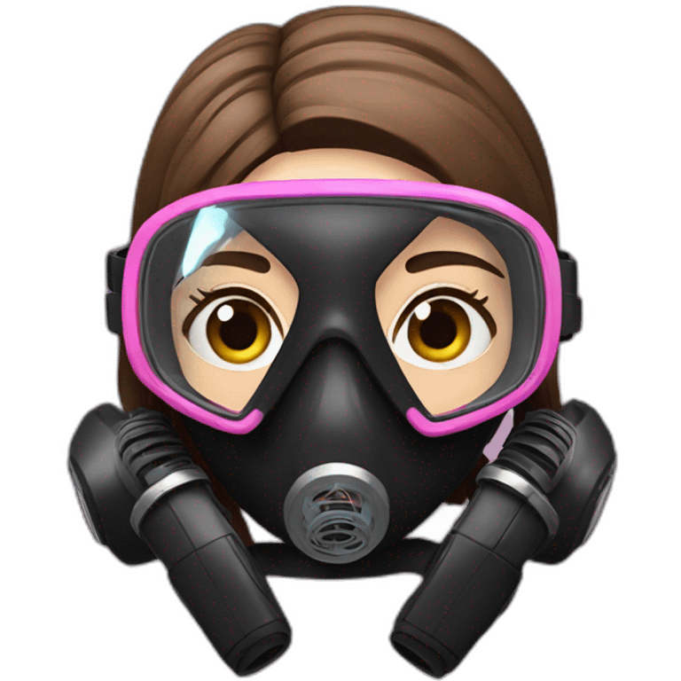 woman with blues eyes, large and straight brown hair, pink diving mask with a single crystal. underwater black suit emoji