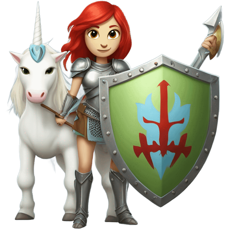 medieval shield: [politically incorrect, (
	{ female, alien, color: light green, hair:red, eyes:cat} ]
	on a 
	[{ unicorn: white, legged:four, mane: light blue }]) emoji