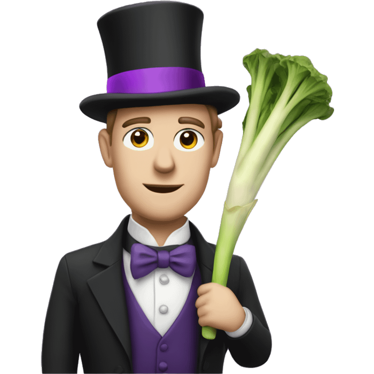 White man wearing a Top Hat with a purple band holding a leek emoji