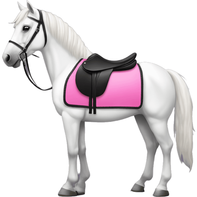 White horse with pink saddle pad and black saddle  emoji