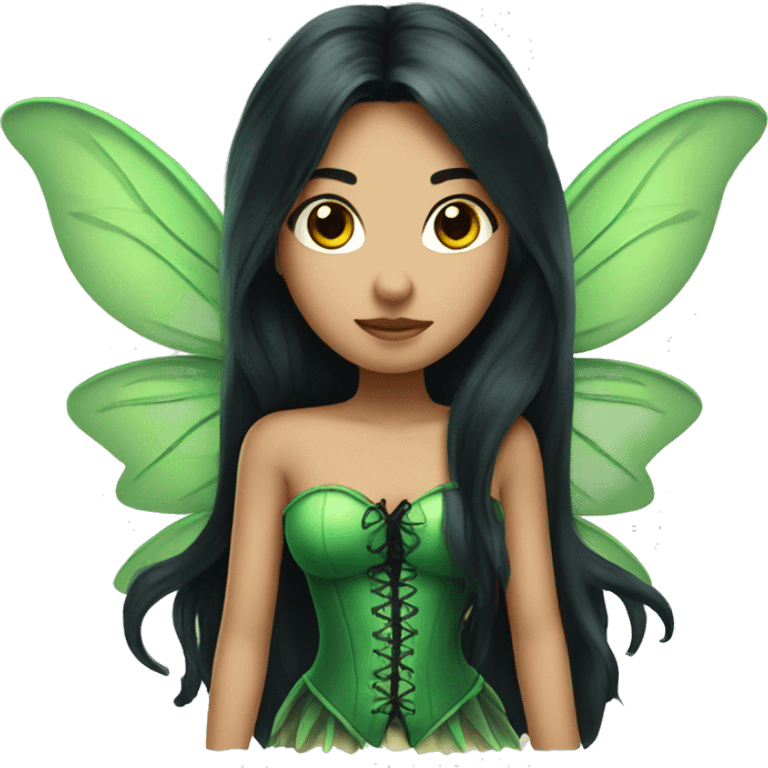 Fairy with long black hair green wings and green corset emoji