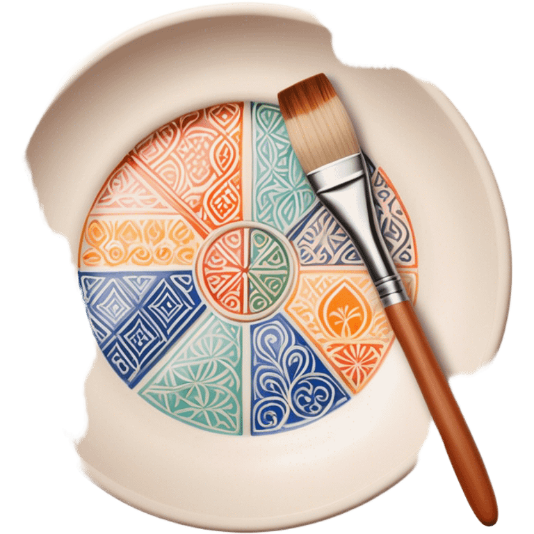 Ceramic painting icon, hand-painted ceramic plate or vase with intricate patterns, visible paintbrush, paint pots, and ceramic tools, colorful glaze, no finished artwork, just the painting process, minimalistic style, clean lines, transparent background. emoji