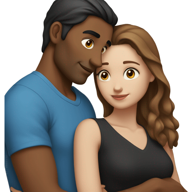 Couple embracing with arms around each other; white woman with blue eyes and brown hair, Indian man with black hair  emoji