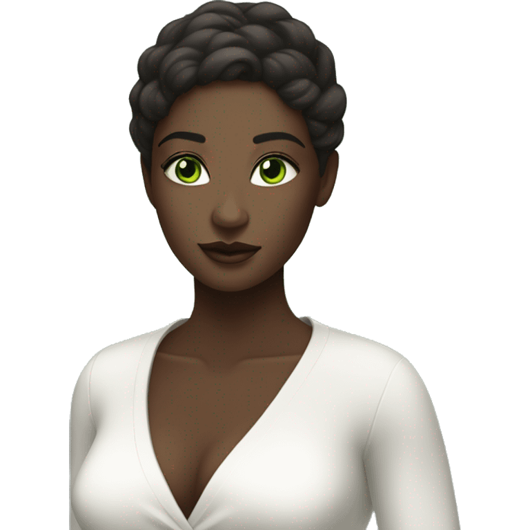 dark-skinned beauty in white outfit green eyes emoji