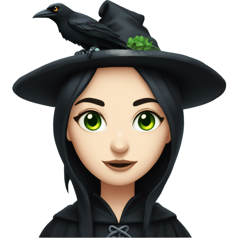 a pale black haired green eyes witch with a crow emoji