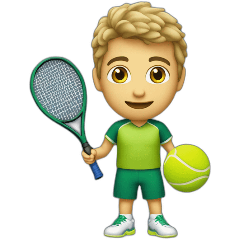 Ragazzo riccio con occhi verdi con maglietta gialla gioca stanco con una racchetta da tennis emoji