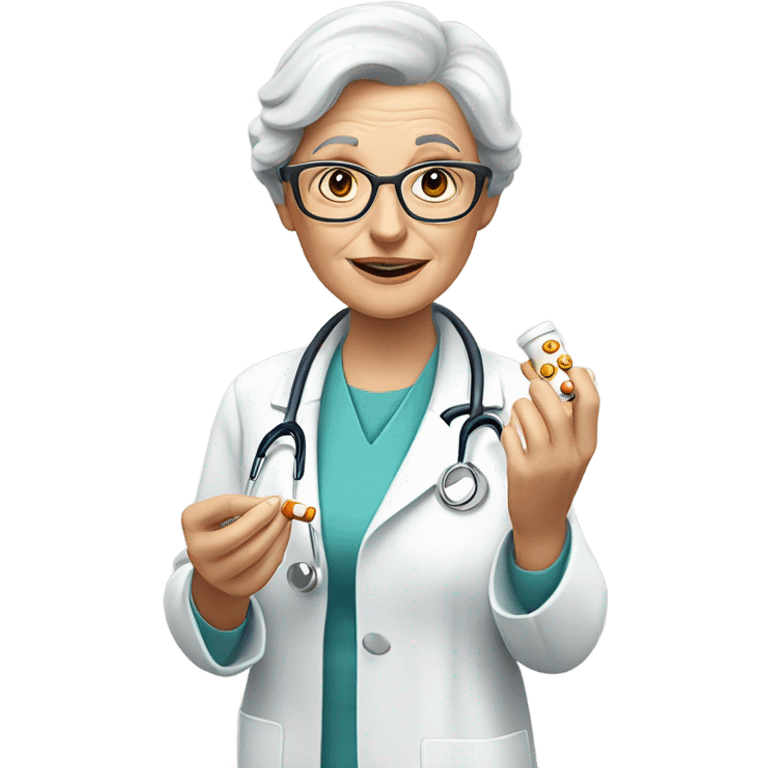 A Caucasian female doctor with glasses serving 25 pills to an old woman  emoji