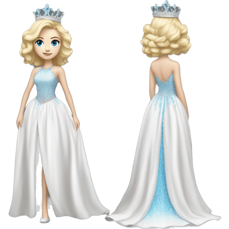 White girl with blonde hair and blue eyes pageant silver only crown fully white pageant dress full body emoji