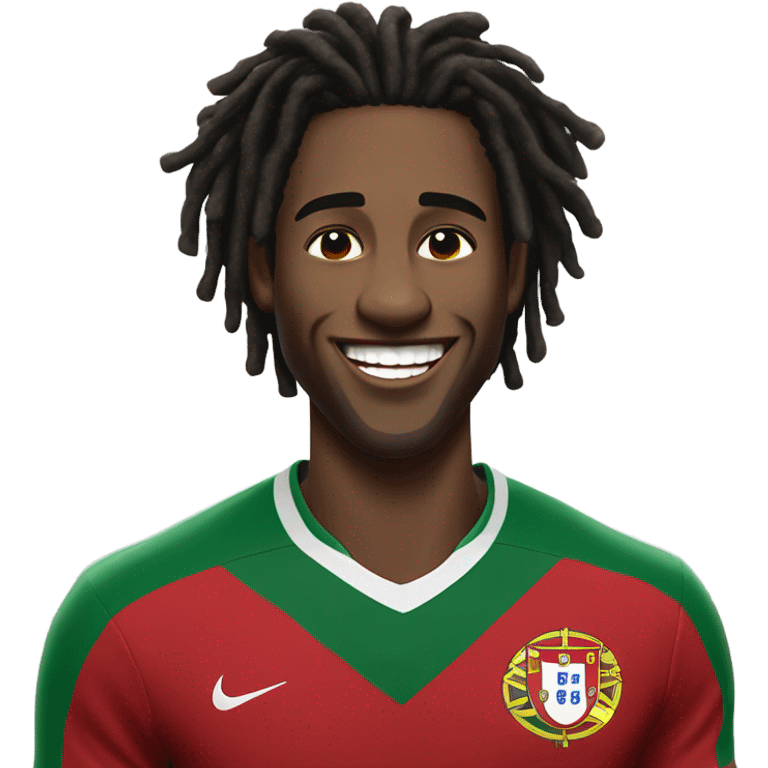  Young black man- very short black dread locks-  no facial hair laughing Portugal jersey lean crazy smile  emoji