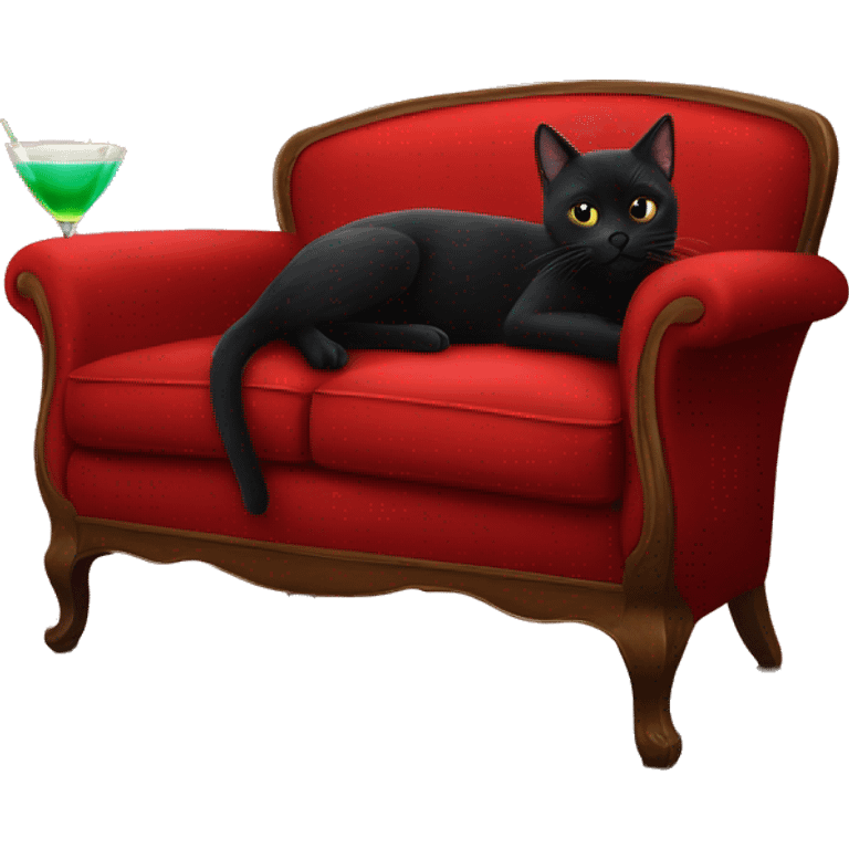 black cat laying on vintage red sofa with a cocktail  emoji