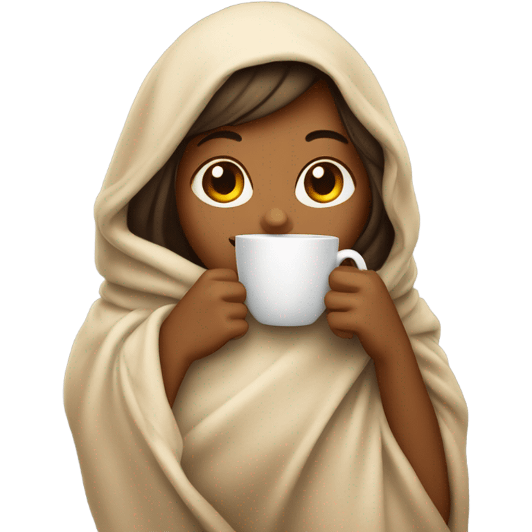 girl wearing blanket having coffee emoji