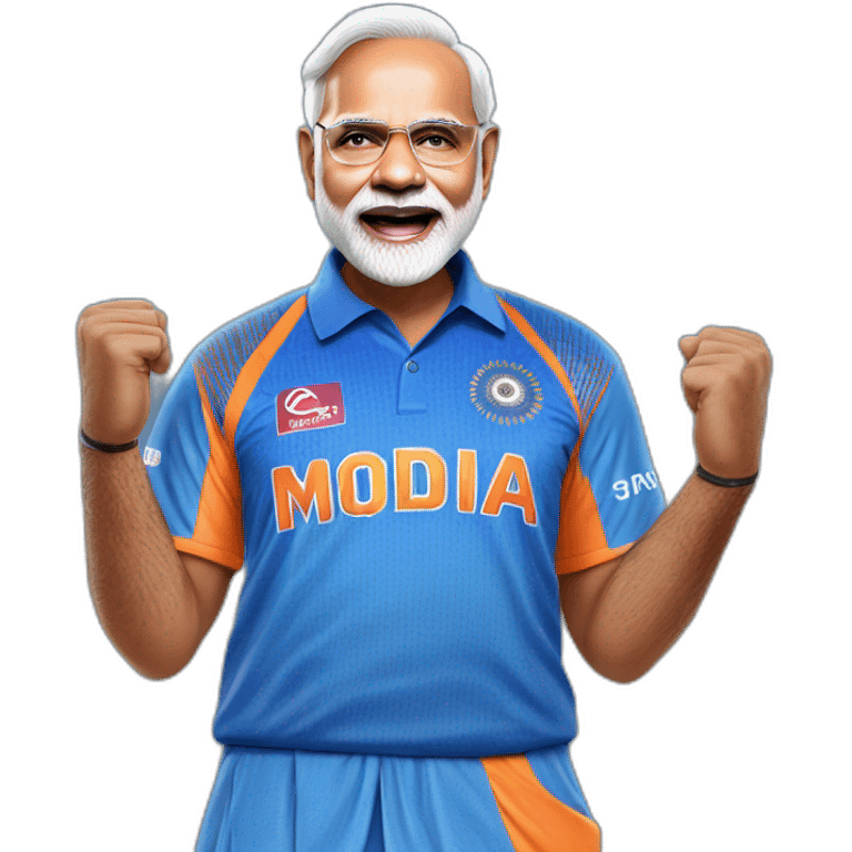 hyper realistic narendra modi celebrating in blue indian cricket team jersey emoji