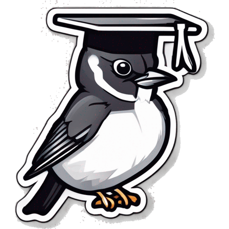 sticker: black and white sparrow with a square academic cap on his head laughs emoji