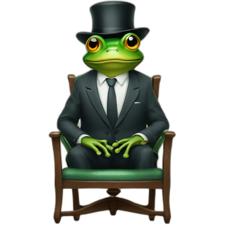 a frog wearing a suit and hat sitting on a chair looking straight emoji