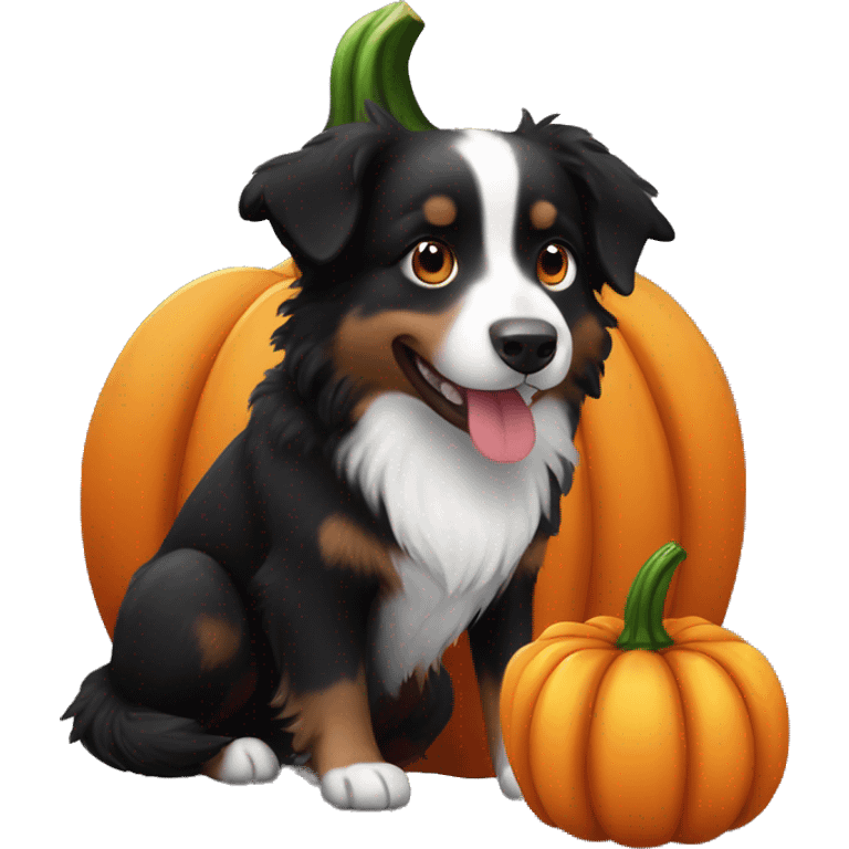 Small black australian shepherd dog in a pumpkin emoji