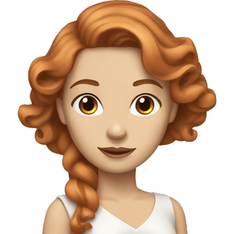 A woman with long copper-colored, wavy hair, hazel eyes, white skin and wearing an elegant dress emoji