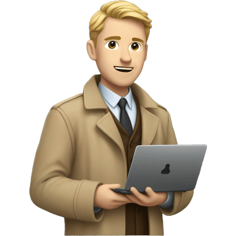 White Young man with a tan detective coat behind his opened laptop  emoji