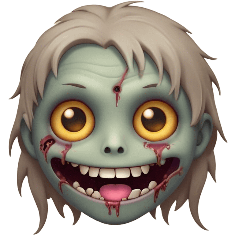 Cinematic Cute Zombie Portrait Emoji, with a delightfully quirky, slightly disheveled face in muted ashen hues, featuring quirky bright eyes and a playful, stitched-together smile, simplified yet irresistibly charming, highly detailed with a soft glowing outline that captures the adorable, offbeat spirit of a zombie who’s more cute than creepy! emoji