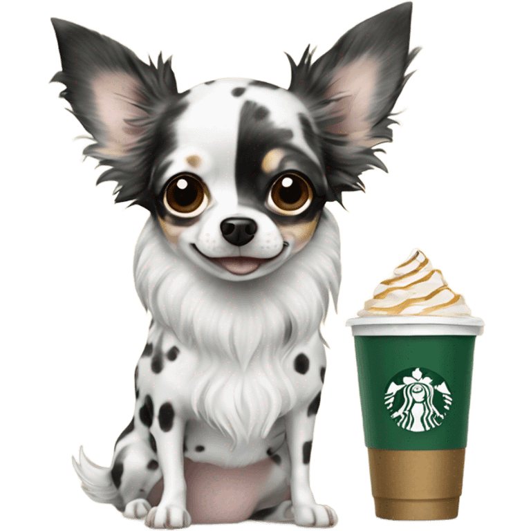 Black spotted Merle long hair chihuahua drinking Starbucks  emoji