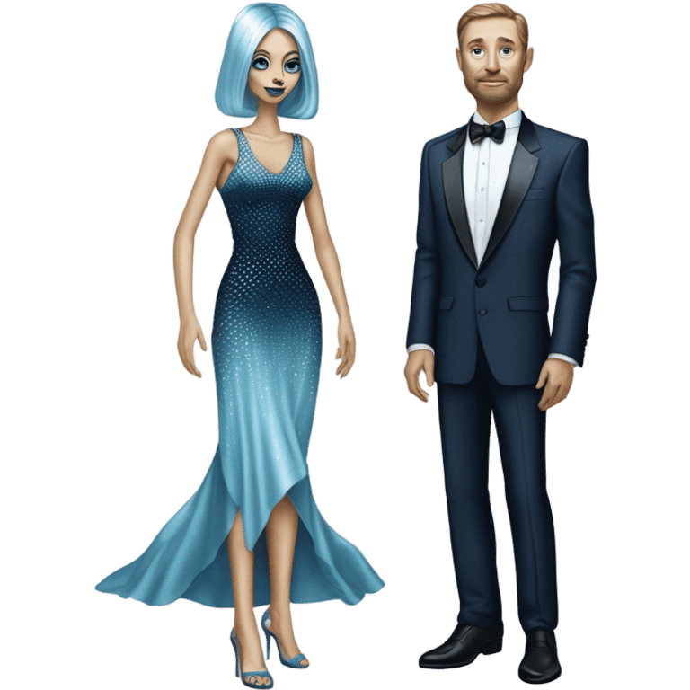 reptilian alien woman, in long slim pastel blue formal party satin dress with gradient shiny sparkling navy blue diamonds embroidered , and caucasian man in black dress emoji