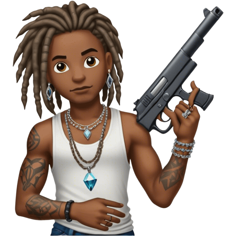 african-american race pig with dreads looking gangster with gun and tank top, with diamond blinging chain, with tattoos emoji