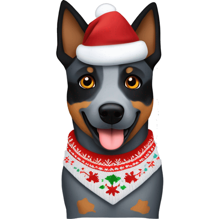 Queensland blue heeler with black and brown patch on one side of face in a Christmas sweater  emoji