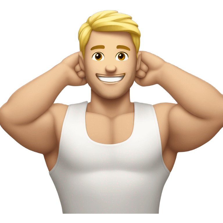 white muscle man showind hand behind head smiling emoji