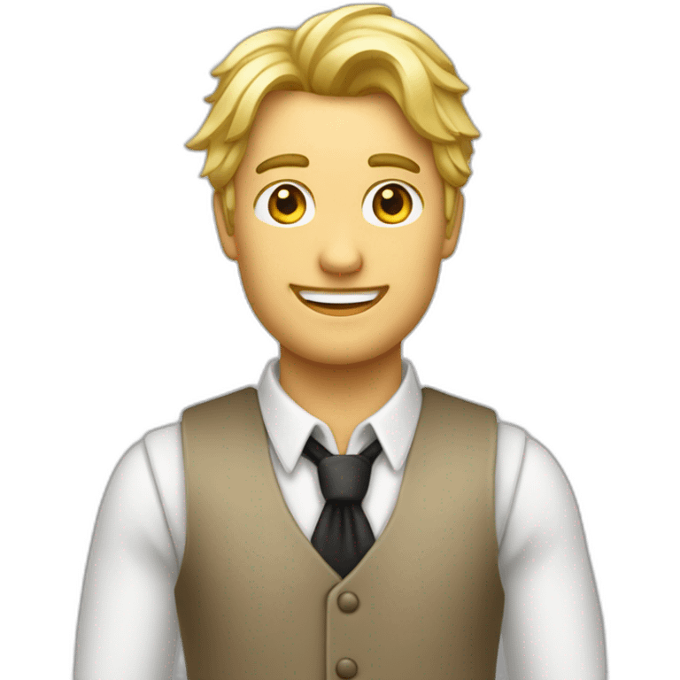 Homme blond décoiffé avec un jabot un gilet de costume et une chemise emoji