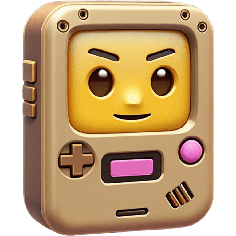 Clash of Clans aesthetic: Cinematic Playful Game Boy Portrait Emoji, rendered in a 3D vector-style similar to standard emojis with minimal shading and bold, simplified shapes. A compact, distinct form with signature details, softly glowing with a nostalgic gaming charm. Simplified yet unmistakably iconic, highly detailed and consistent, glowing with a soft radiance and high shine. Stylized with a touch of retro gaming magic and a soft glowing outline, capturing the essence of a beloved gaming relic with a friendly, playful manner! emoji