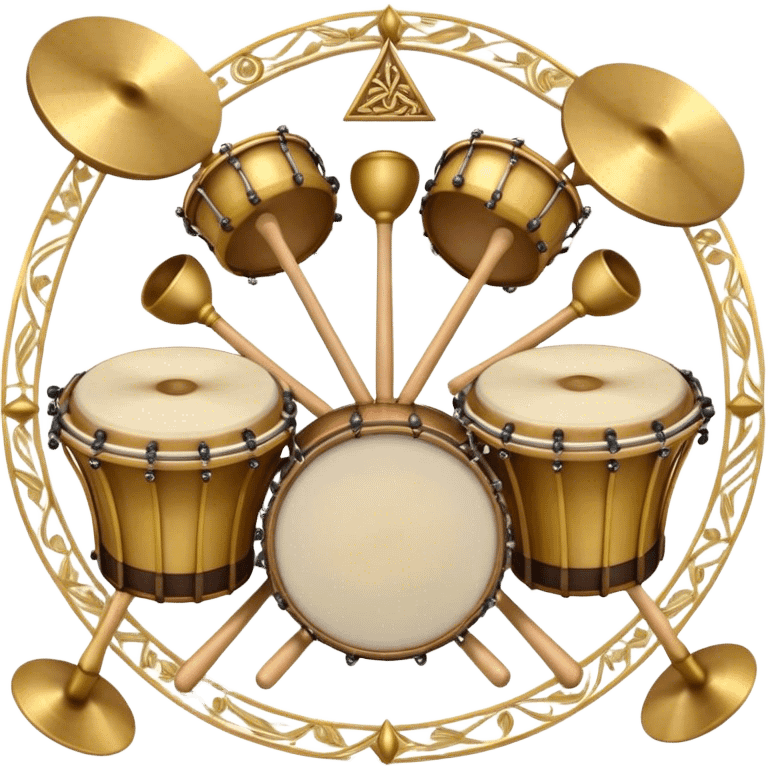 Create a heraldic, festive, and professional emblem-like emoji representing percussion instruments. The design should resemble a traditional crest, featuring a variety of percussion instruments such as cymbals, triangle, tambourine, maracas, timpani, bongo drums, and other traditional folk percussion instruments. Arrange them symmetrically, with cymbals crossing each other, the triangle at the center, and timpani or bongo drums flanking the sides. Include tambourines and maracas prominently, adding rhythm and texture. A flowing ribbon of musical notes should elegantly weave through the instruments, enhancing the sense of movement and celebration. Add intricate decorative patterns on the instruments, along with ornamental swirls, laurels, or flourishes to elevate the festive and heraldic feel. The overall composition should be balanced, harmonious, and visually striking, with an elegant and professional look. The background should be transparent. emoji