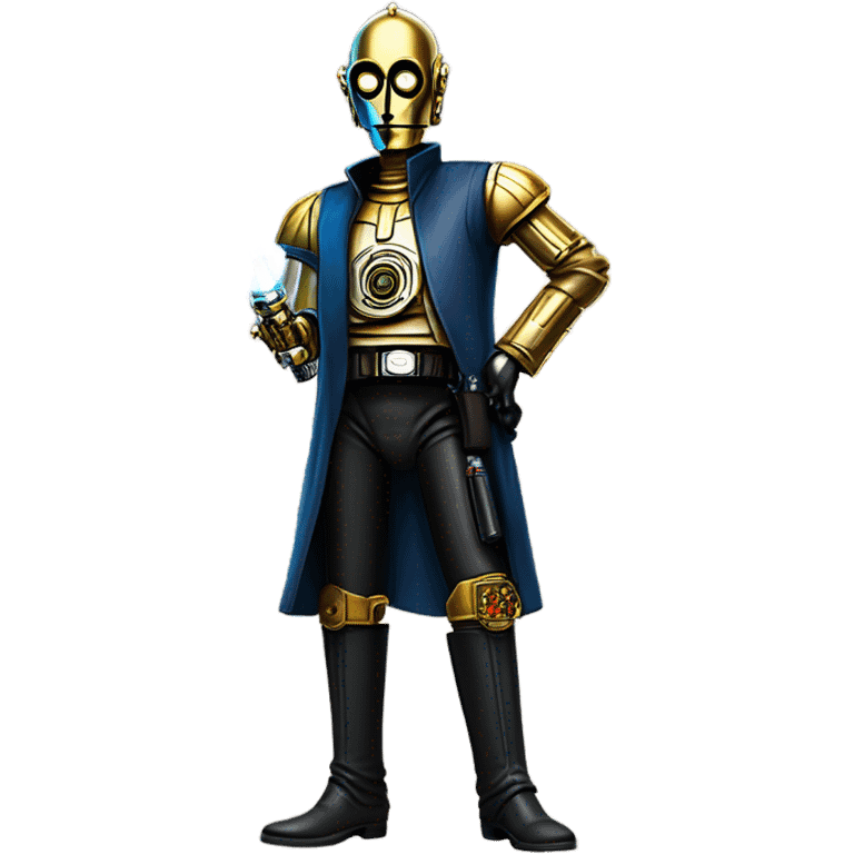 tarnished undercover tough well-equipped Jedi  life-sized darkblue-pearl C3po leather clothing pants and vest old west duster coat holding light saber sheriff emoji