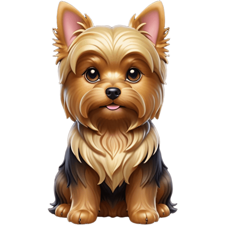 Cinematic Noble Yorkshire Terrier Portrait Emoji, Exuding refined charm and dignified poise, with a lustrous, silky fur in rich, deep hues, alert eyes and a confident expression, simplified yet exquisitely detailed, glowing with a soft, aristocratic radiance, high shine, embodying intelligent grace and classic elegance, soft glowing outline, capturing the essence of a regal Yorkshire Terrier ready to rule the screen with effortless sophistication! emoji