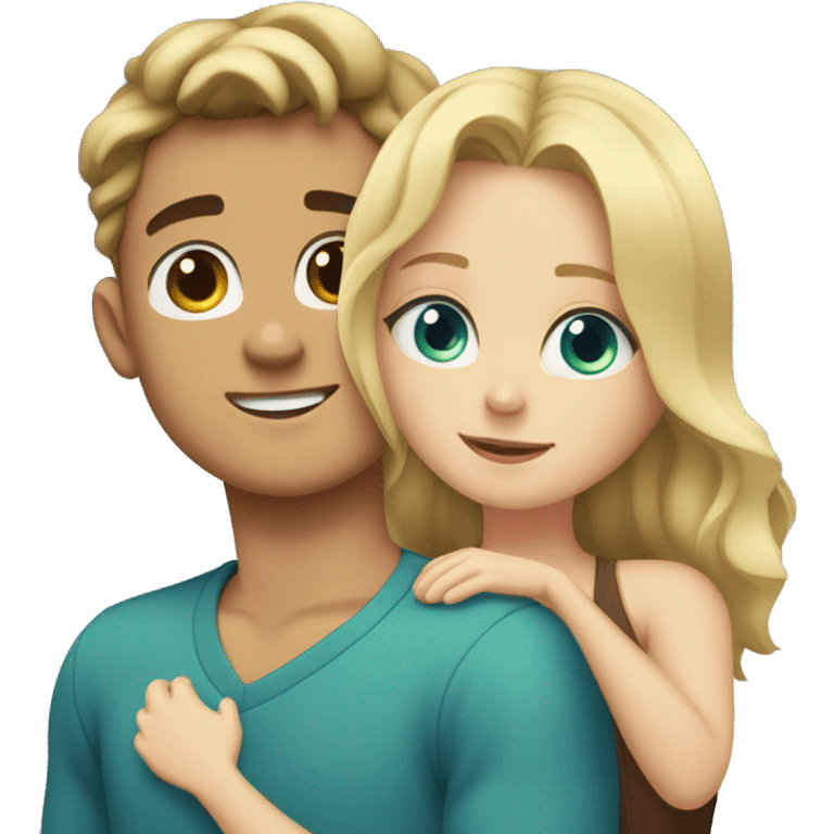 A 22-year-old plump boy, blue-green eyes, short brown hair hugs a girl with long wavy blond hair, blue-eyed emoji