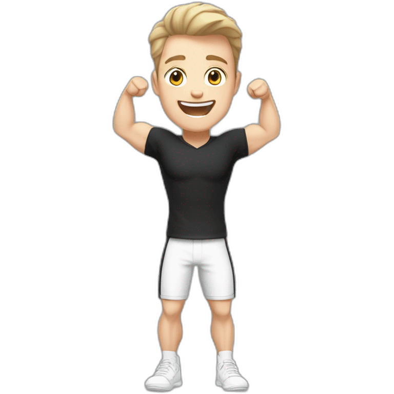 Joyful Celebrating victory Pale skinned Fit Man With the biceps and dark brown hair in black shirt, gray sports shorts and white Sneakers emoji