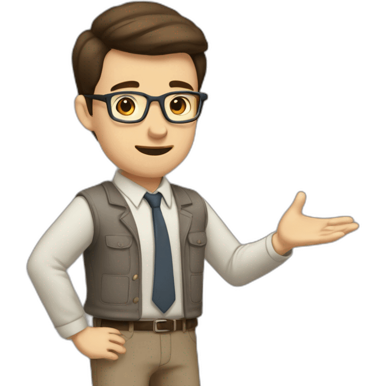 To belt Actively gesturing with hands Pale skinned fit man teacher with dark brown hair in gray jacket, beige office shirt, brown tie, brown pants and vintage glasses. emoji