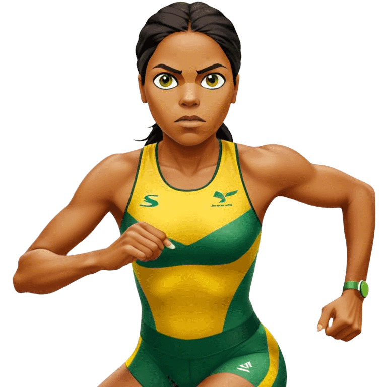 Cinematic Realistic portrait of Cathy Freeman, shown as an iconic Australian sprinter with a focused, determined expression and modern athletic yellow and green attire accented with subtle native motifs, rendered in dynamic, vibrant lighting emoji