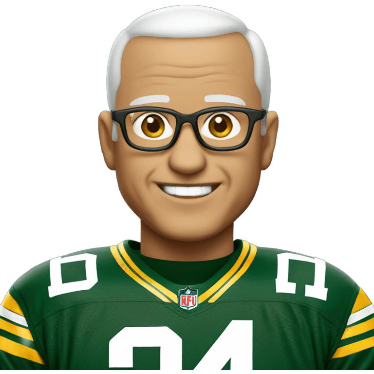 smiling old white male with buzz cut and glasses in packers jersey emoji