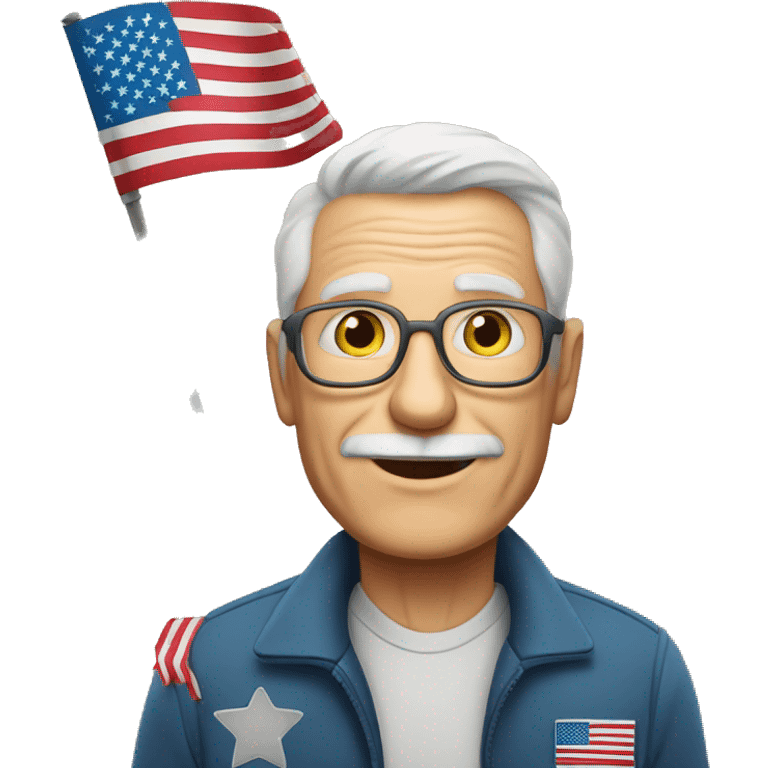 brwon haired older man holding small american flag SENSOS written on wall behind him emoji