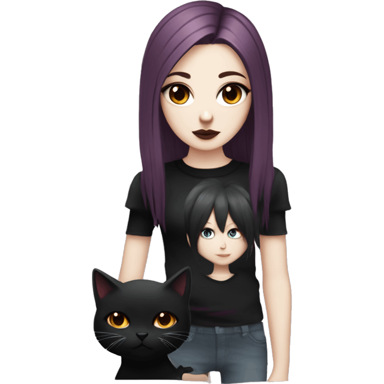 Pale girl with black eyeshadow and burgundy colored hair with an emo haircut that’s long and layered holding a black cat emoji